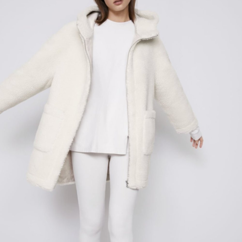 Zara Off-White Faux Shearling Hooded Coat